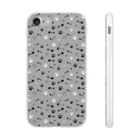 Printify paw print flexible phone case with black and white pet-themed icons on gray background