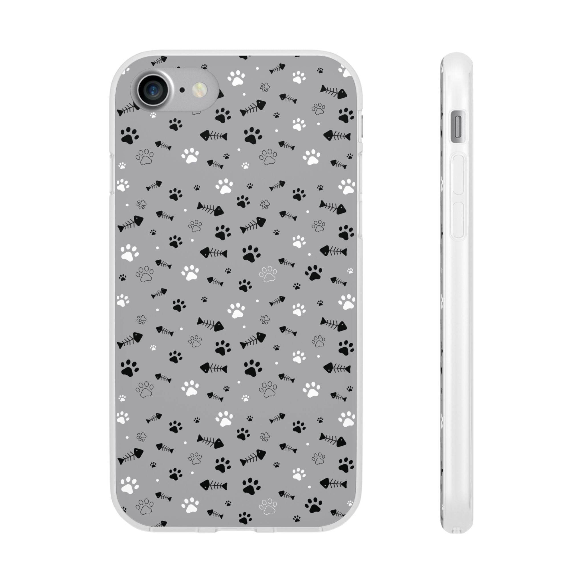Printify paw print flexible phone case with black and white pet-themed icons on gray background