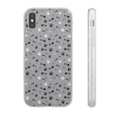 Printify paw print flexible phone case with black and white paw prints and fishbone pattern on gray background