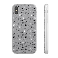 Printify paw print flexible phone case with black and white paw prints and fishbone pattern on gray background