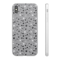 Printify gray paw print flexible phone case with black and white paw and fish bone patterns