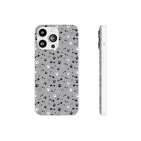 Printify paw print flexible phone case with black and white paw and fish bone patterns on gray background
