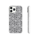 Printify paw print flexible phone case with black and white paw prints on a gray background