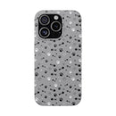 Printify paw print flexible phone case with black white paw patterns on gray background for iPhone