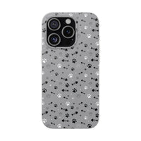 Printify paw print flexible phone case with black white paw patterns on gray background for iPhone