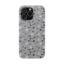 Printify paw print flexible phone case with black and white paw and fishbone pattern on gray background