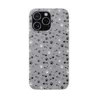 Printify paw print flexible phone case with black and white paw and fishbone pattern on gray background
