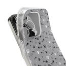 Printify paw print flexible phone case in gray with black and white paw and fish bone pattern