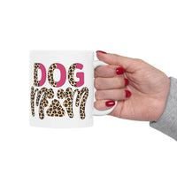 eco friendly ceramic dog mom mug white with leopard print DOG MOM design held by hand with red nails
