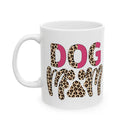 Printify white eco friendly ceramic dog mom mug with pink letters and leopard print paw DOG MOM design