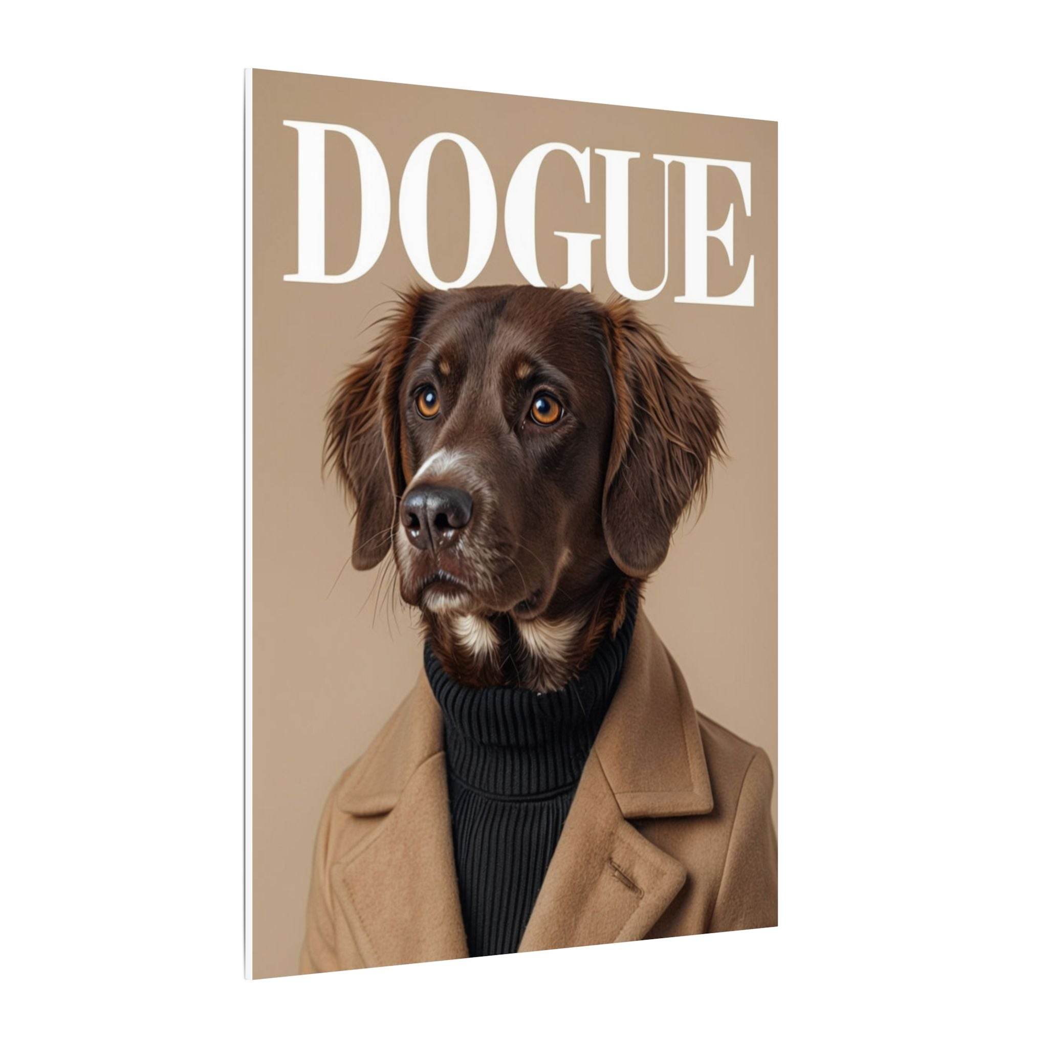 Printify eco-friendly dog art print canvas featuring a chocolate dog in a coat and turtleneck DOGUE cover