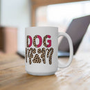 Printify white eco friendly ceramic dog mom mug with leopard print DOG MOM text and pink accents on wooden table