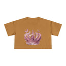 Petal & Crown eco crop shirt in brown with pink floral crown and butterfly graphic design