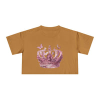 Petal & Crown eco crop shirt in brown with pink floral crown and butterfly graphic design