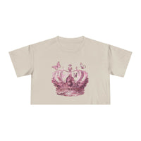 Printify Petal & Crown eco crop shirt in beige with pink crown and butterfly design
