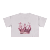 Printify Petal & Crown eco crop shirt with pink crown and butterfly graphic on white fabric