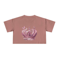 Pink Petal & Crown eco crop shirt with floral crown and butterfly design by Printify