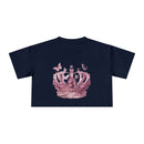 Navy Petal & Crown eco crop shirt with pink floral crown and butterfly design by Printify