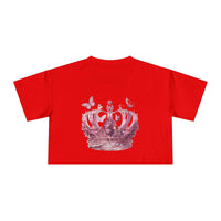 Red Petal & Crown eco crop shirt with pink crown and butterfly graphic design