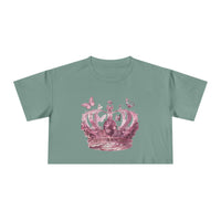 Petal & Crown eco crop shirt in green with detailed pink crown and butterfly design by Printify