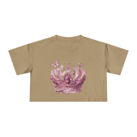 Printify Petal & Crown eco crop shirt beige with pink floral crown and butterfly design