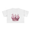 White Petal & Crown eco crop shirt with pink crown and butterfly graphic print by Printify