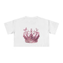 White Petal & Crown eco crop shirt with pink crown and butterfly graphic print by Printify