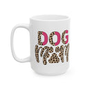 Printify white ceramic mug with leopard print DOG MOM graphic and pink accents eco friendly ceramic dog mom mug