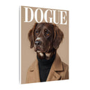 Printify canvas showing eco-friendly dog art print of brown dog in turtleneck and camel coat on beige DOGUE cover