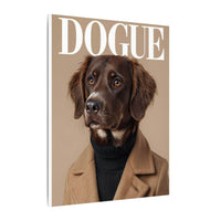 Printify canvas showing eco-friendly dog art print of brown dog in turtleneck and camel coat on beige DOGUE cover