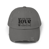Printify gray distressed baseball hat with paw print Loyal Friend love without end design eco-friendly pet lover hat