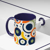 Printify pop art coffee mug with colorful circular patterns and dark blue handle and interior