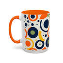 Printify pop art coffee mug with colorful abstract circles and orange handle and interior