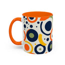 Printify pop art coffee mug with colorful circular patterns and orange handle