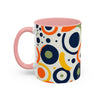 Printify pop art coffee mug with colorful abstract circular patterns and pink handle