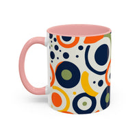Printify pop art coffee mug with colorful abstract circular patterns and pink handle