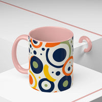 Printify pop art coffee mug with colorful abstract circular patterns and pink handle interior