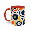 Printify pop art coffee mug with colorful abstract circle design and red handle and interior