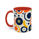 Printify pop art coffee mug with colorful abstract circle design and red handle and interior