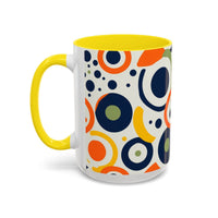 Printify pop art coffee mug with colorful abstract circles and yellow handle and interior