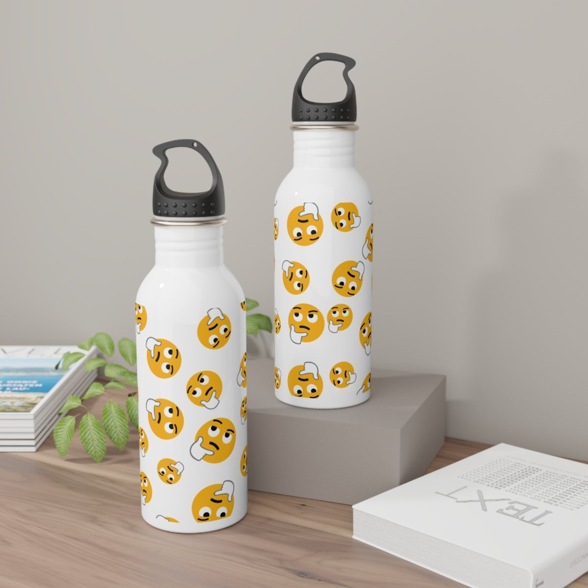 Confused emoji water bottle featuring playful designs for hydration on the go