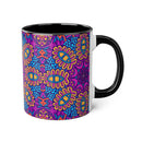 Printify psychedelic coffee mug with vibrant colorful floral and geometric patterns and black handle