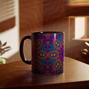 Printify psychedelic coffee mug with vibrant colorful abstract pattern on wooden table
