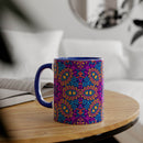 Printify psychedelic coffee mug with colorful floral and geometric patterns on a wooden table