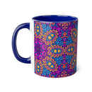 Printify psychedelic coffee mug with vibrant blue, purple, and orange abstract floral design and blue handle