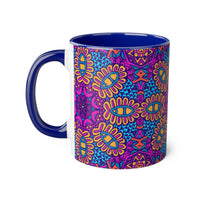 Printify psychedelic coffee mug with vibrant blue, purple, and orange abstract floral design and blue handle