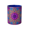 Colorful psychedelic coffee mug with vibrant blue, pink, and yellow mandala pattern by Printify
