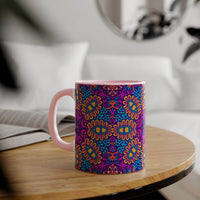 Printify psychedelic coffee mug with vibrant colorful floral and abstract patterns on a wooden table