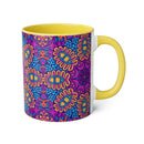 Printify psychedelic coffee mug with yellow handle and colorful abstract floral pattern