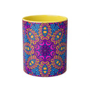 Printify psychedelic coffee mug with vibrant purple and blue kaleidoscope design and yellow interior